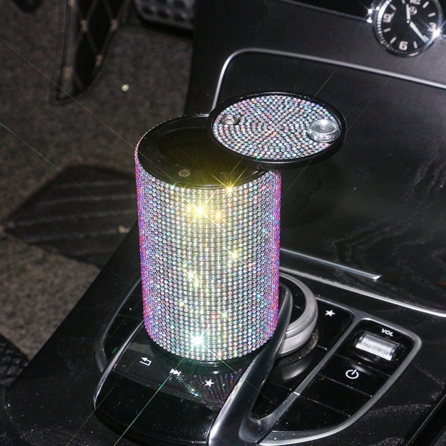 Rhinestone Alloy Car Ashtray, Creative Fireproof Auto Ash Tray With Lid & Universal Car Interior Accessories