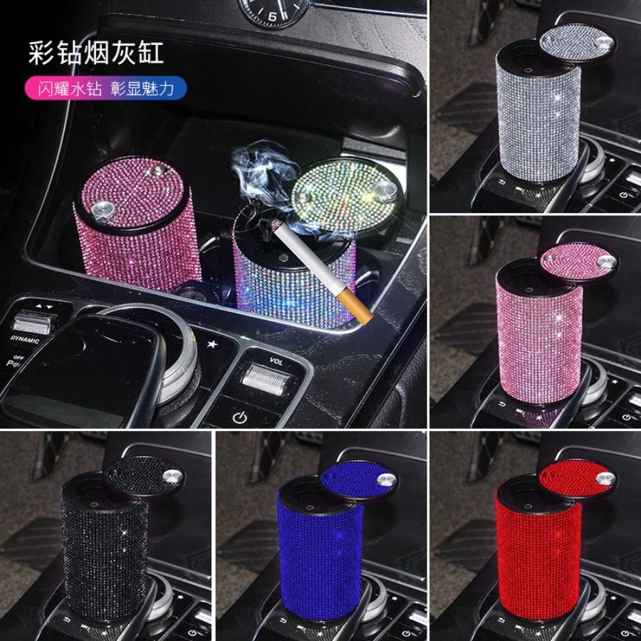Rhinestone Alloy Car Ashtray, Creative Fireproof Auto Ash Tray With Lid & Universal Car Interior Accessories