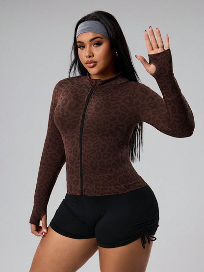 Rhythm Era Plus Size Women Seamless Leopard Print Zip-Up Long Sleeve Jacket Zip Up Workout Jacket Curvy Workout Top Zipper Front Long Torso Brown Workout Top