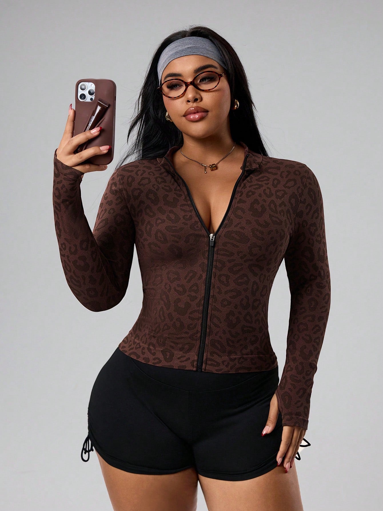 Rhythm Era Plus Size Women Seamless Leopard Print Zip-Up Long Sleeve Jacket Zip Up Workout Jacket Curvy Workout Top Zipper Front Long Torso Brown Workout Top