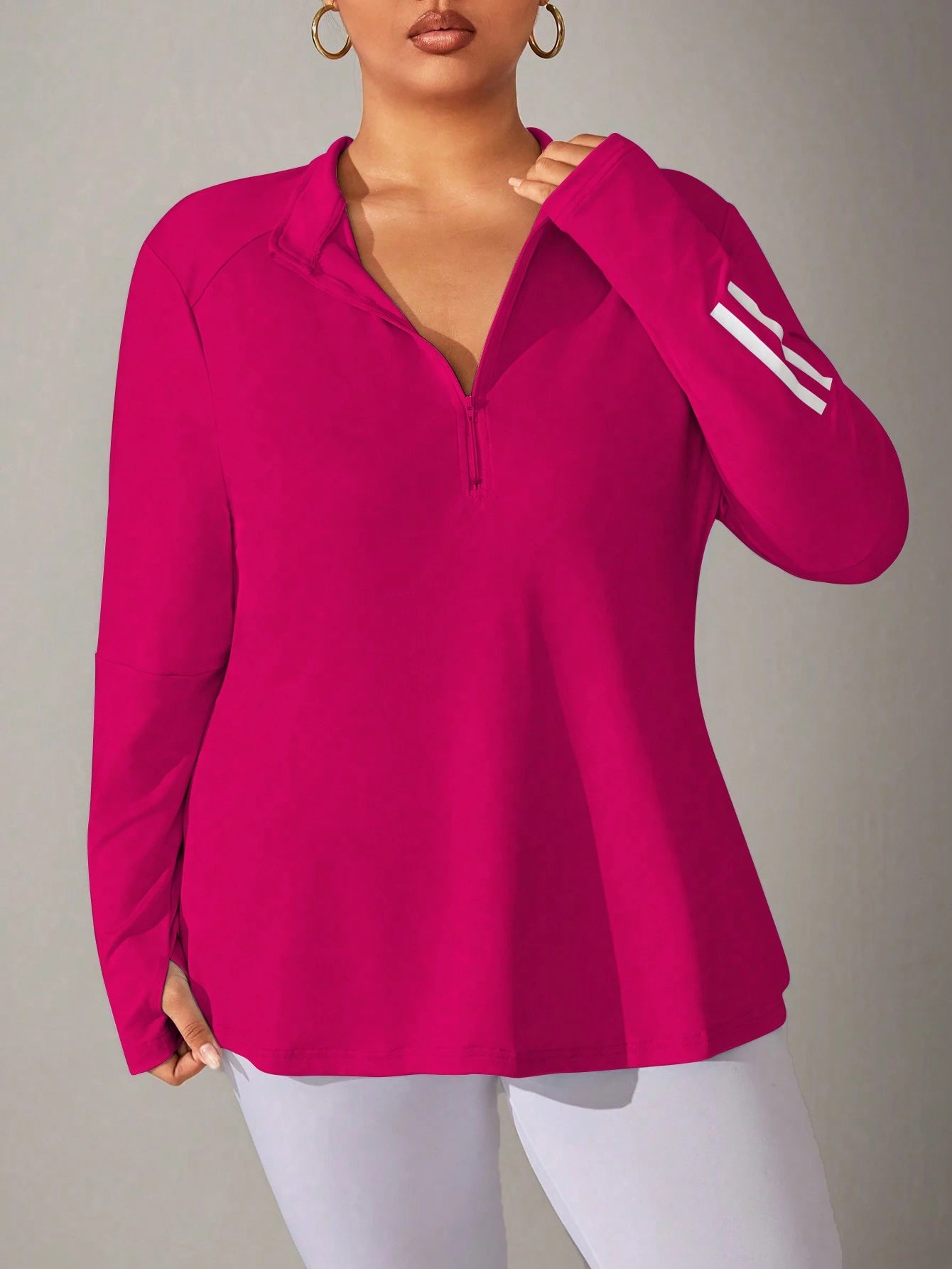 Rhythm Era Plus Size Women Striped Zipper Half-Placket Long Sleeve Fleece Sweatshirt Women Clothes Winter