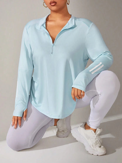 Rhythm Era Plus Size Women Striped Zipper Half-Placket Long Sleeve Fleece Sweatshirt Women Clothes Winter