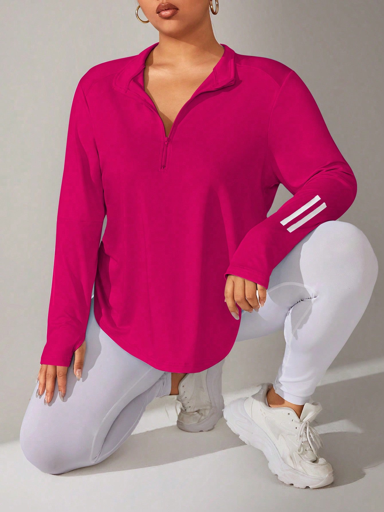 Rhythm Era Plus Size Women Striped Zipper Half-Placket Long Sleeve Fleece Sweatshirt Women Clothes Winter