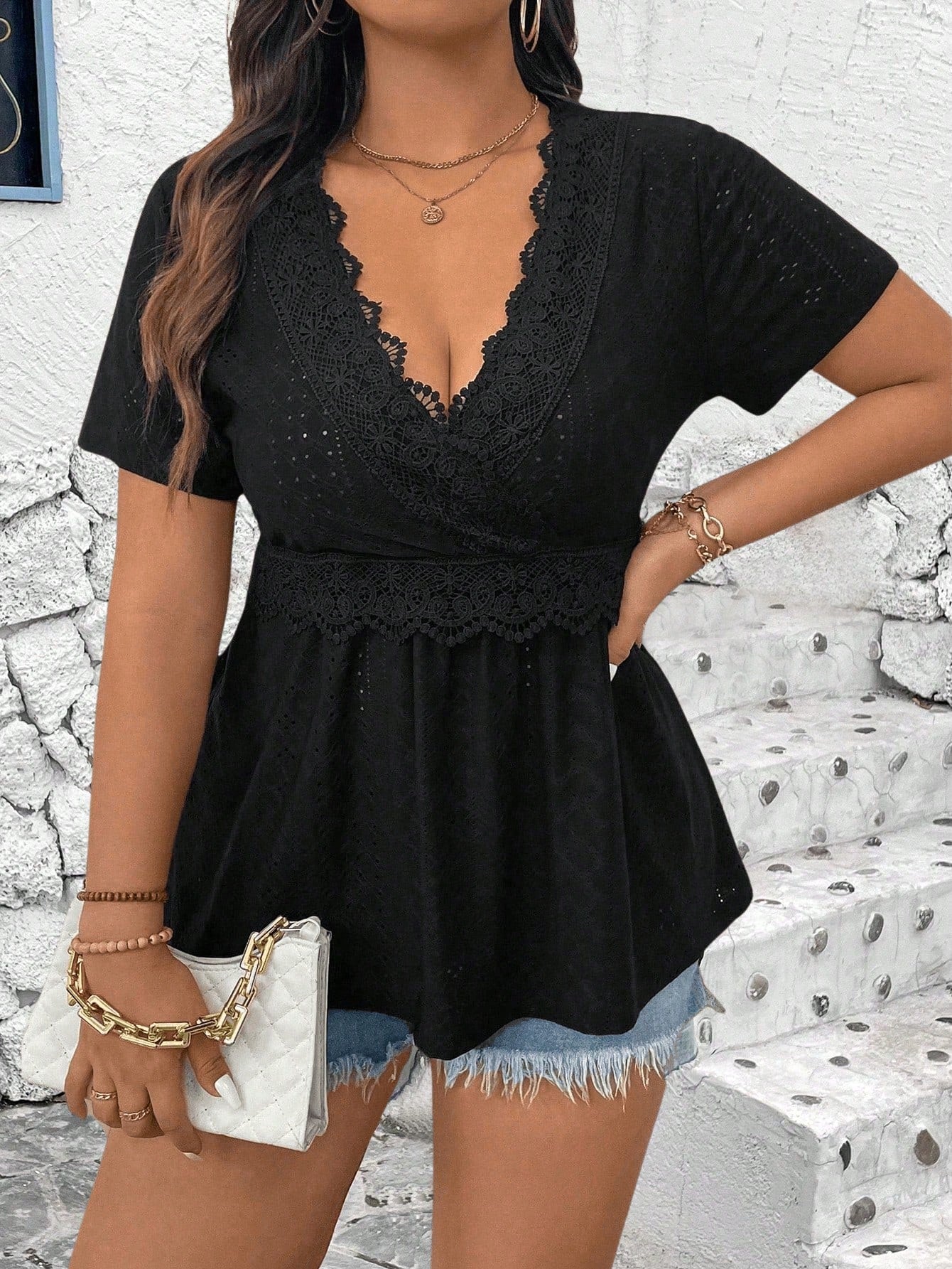Rometta Plus Eyelet Embroidery Contrast Lace Peplum Tee