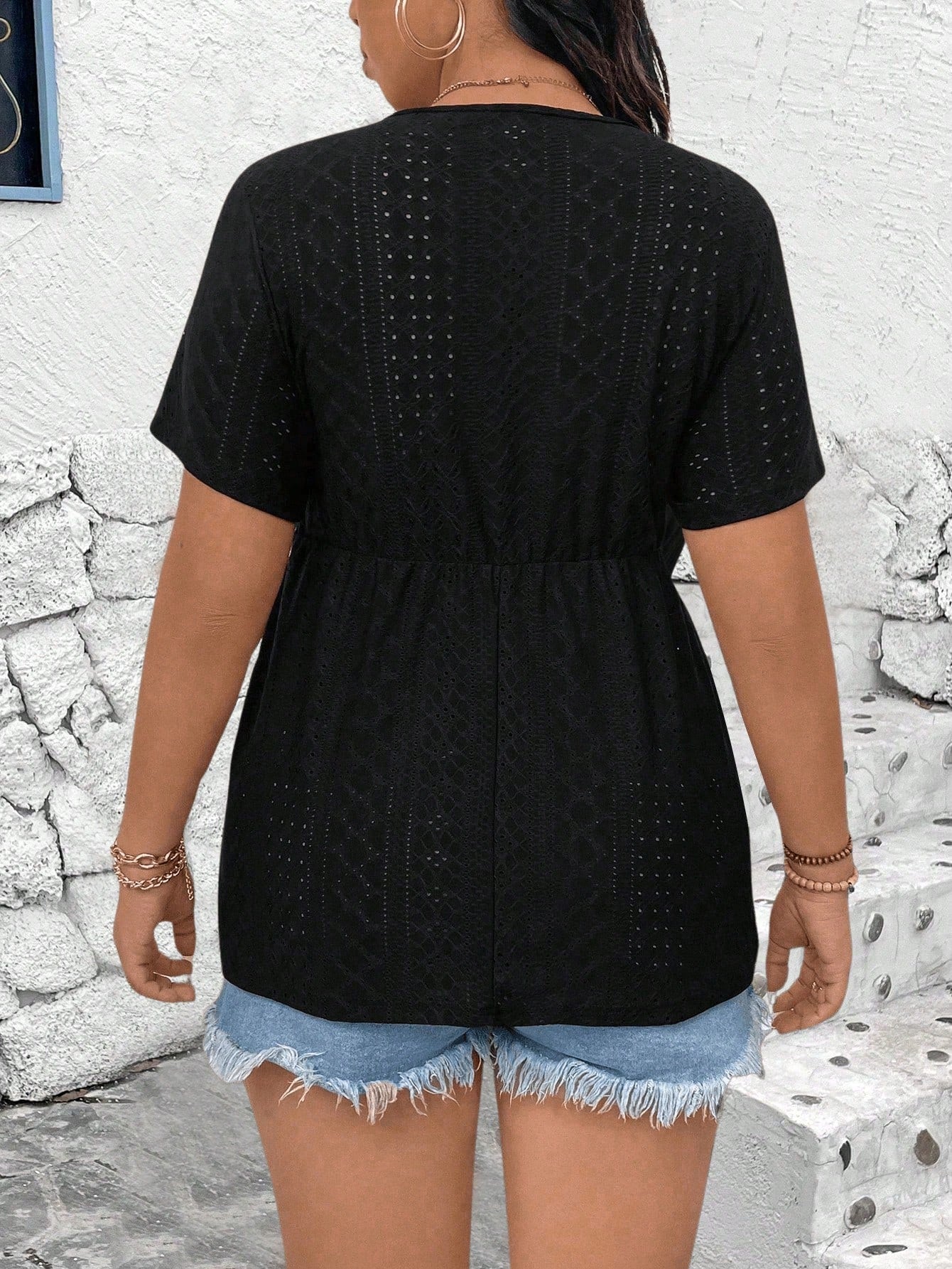 Rometta Plus Eyelet Embroidery Contrast Lace Peplum Tee