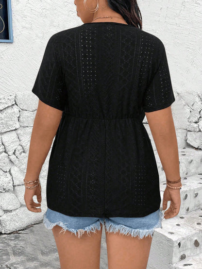 Rometta Plus Eyelet Embroidery Contrast Lace Peplum Tee