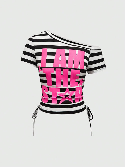 ROMWE Avant Spring/Summer Y2K Kpop Style Colorful Striped Contrast Patchwork T-Shirt