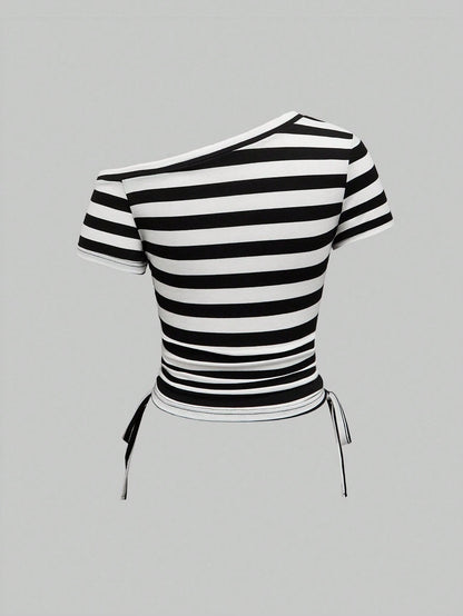 ROMWE Avant Spring/Summer Y2K Kpop Style Colorful Striped Contrast Patchwork T-Shirt