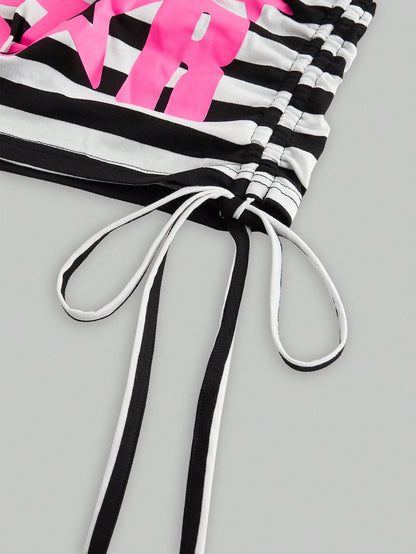 ROMWE Avant Spring/Summer Y2K Kpop Style Colorful Striped Contrast Patchwork T-Shirt