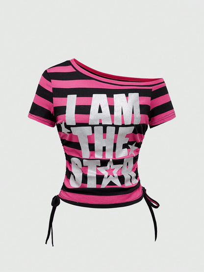 ROMWE Avant Spring/Summer Y2K Kpop Style Colorful Striped Contrast Patchwork T-Shirt