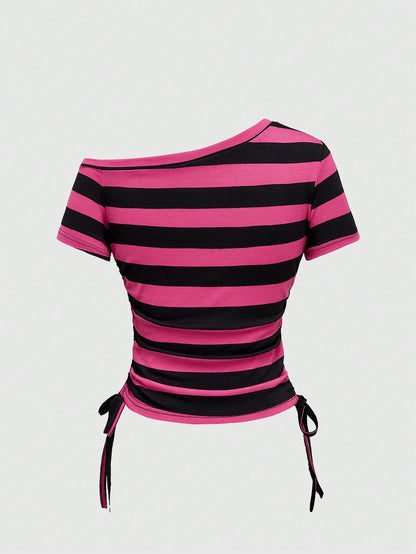 ROMWE Avant Spring/Summer Y2K Kpop Style Colorful Striped Contrast Patchwork T-Shirt