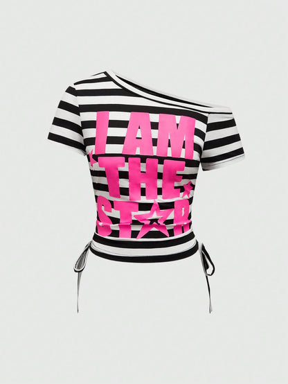 ROMWE Avant Spring/Summer Y2K Kpop Style Colorful Striped Contrast Patchwork T-Shirt