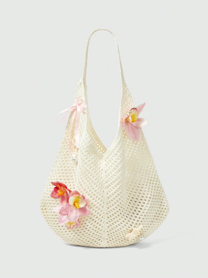 ROMWE Fairycore 1 Set Beige Woven Beach Tote Bag & Accessories, Fashionable Personalized Beach Resort Style Women Tote Bag