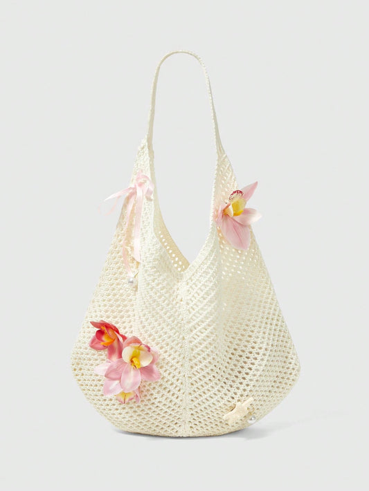 ROMWE Fairycore 1 Set Beige Woven Beach Tote Bag & Accessories, Fashionable Personalized Beach Resort Style Women Tote Bag