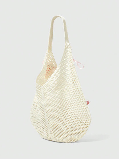 ROMWE Fairycore 1 Set Beige Woven Beach Tote Bag & Accessories, Fashionable Personalized Beach Resort Style Women Tote Bag