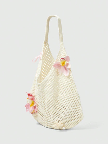 ROMWE Fairycore 1 Set Beige Woven Beach Tote Bag & Accessories, Fashionable Personalized Beach Resort Style Women Tote Bag