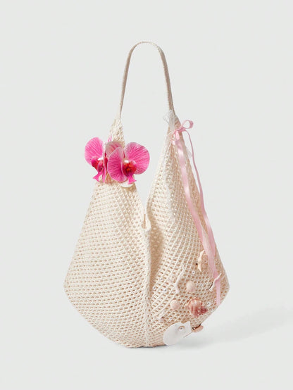 ROMWE Fairycore 1 Set Beige Woven Beach Tote Bag & Accessories, Fashionable Personalized Beach Resort Style Women Tote Bag