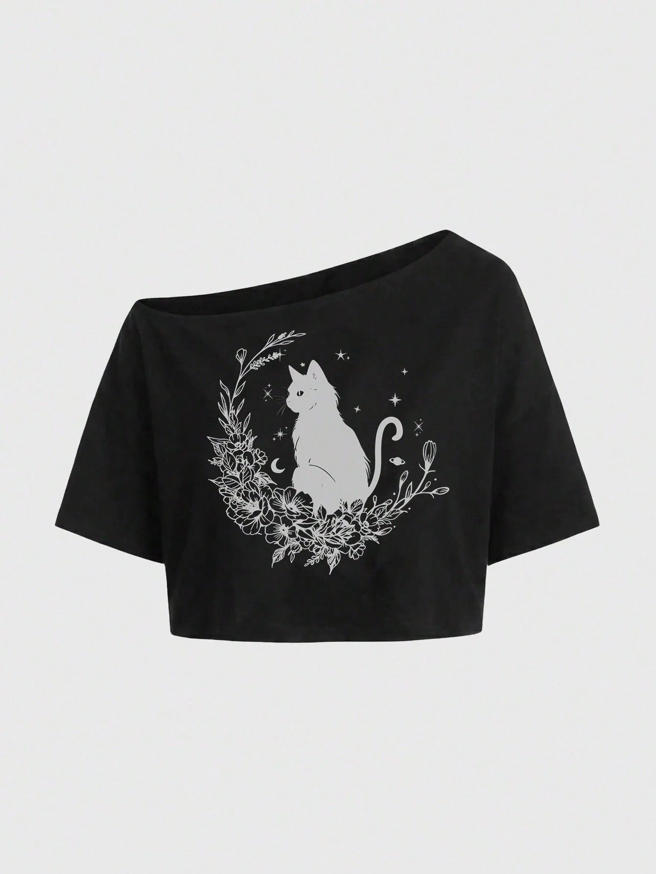 ROMWE Fairycore Plus Size Fashion Cartoon Print Asymmetric Neck T-Shirt