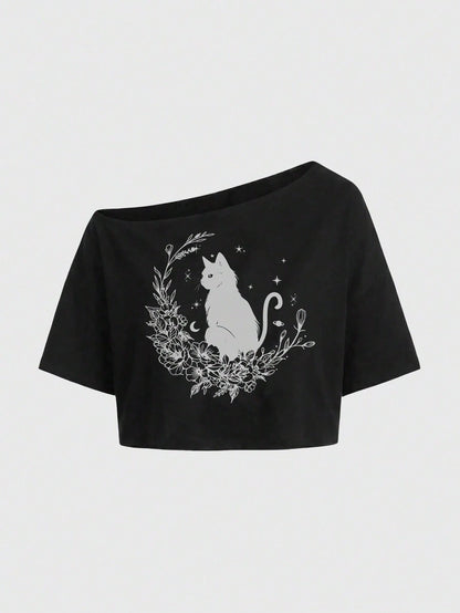 ROMWE Fairycore Plus Size Fashion Cartoon Print Asymmetric Neck T-Shirt