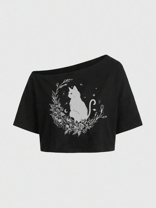 ROMWE Fairycore Plus Size Fashion Cartoon Print Asymmetric Neck T-Shirt