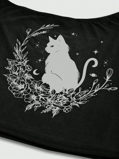 ROMWE Fairycore Plus Size Fashion Cartoon Print Asymmetric Neck T-Shirt