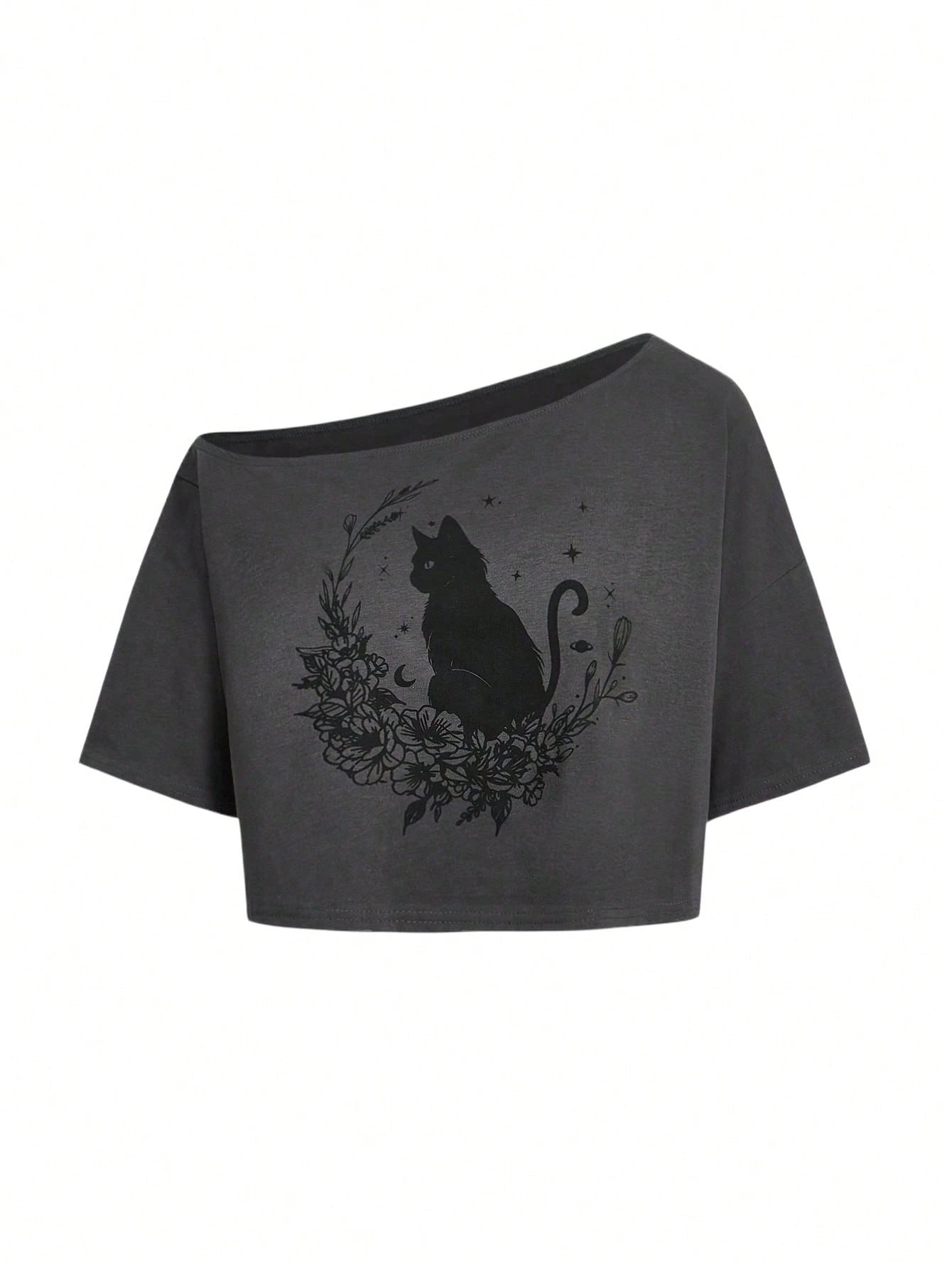 ROMWE Fairycore Plus Size Fashion Cartoon Print Asymmetric Neck T-Shirt