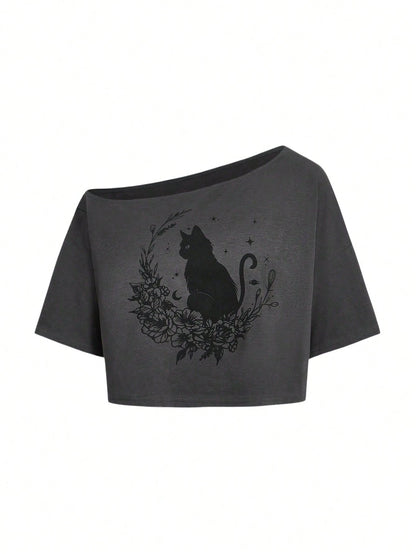 ROMWE Fairycore Plus Size Fashion Cartoon Print Asymmetric Neck T-Shirt