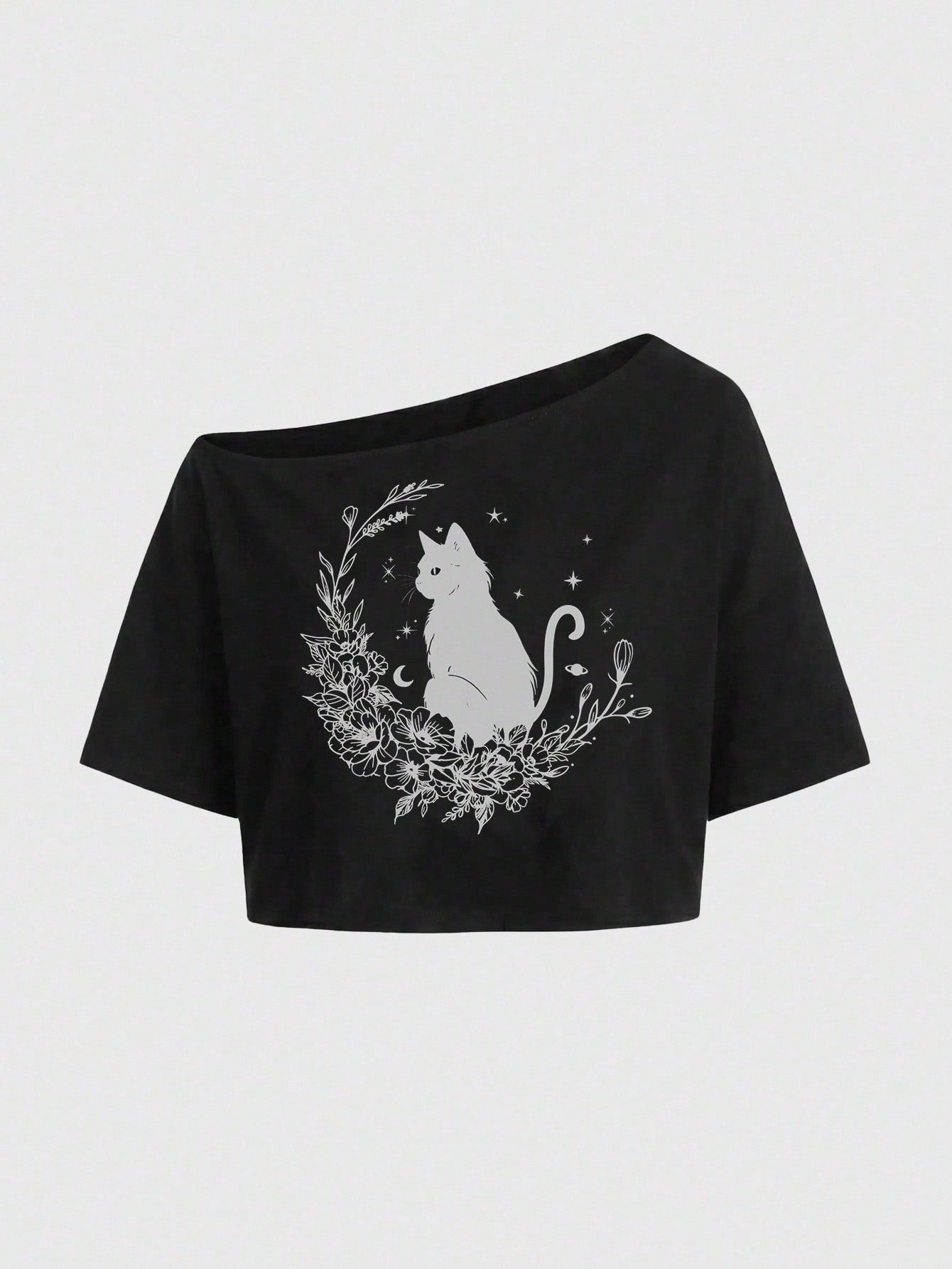 ROMWE Fairycore Plus Size Fashion Cartoon Print Asymmetric Neck T-Shirt