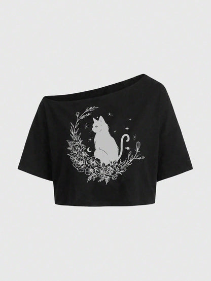 ROMWE Fairycore Plus Size Fashion Cartoon Print Asymmetric Neck T-Shirt