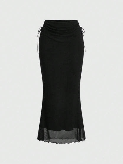 ROMWE Fairycore Solid Color Drawstring Side Slit Mermaid Skirt