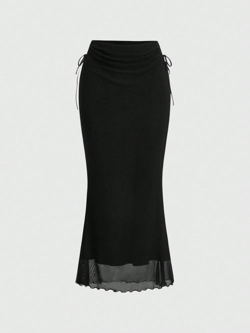 ROMWE Fairycore Solid Color Drawstring Side Slit Mermaid Skirt