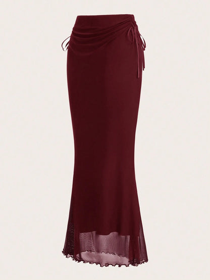 ROMWE Fairycore Solid Color Drawstring Side Slit Mermaid Skirt