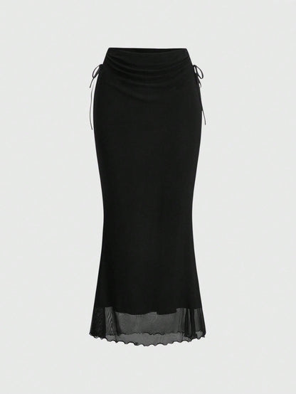 ROMWE Fairycore Solid Color Drawstring Side Slit Mermaid Skirt