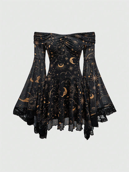 ROMWE Gothic Retro Mysterious Star & Moon Allover Print Off Shoulder Bell Sleeve Mesh A-Line Dress