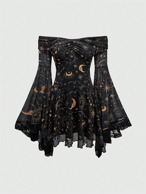 ROMWE Gothic Retro Mysterious Star & Moon Allover Print Off Shoulder Bell Sleeve Mesh A-Line Dress