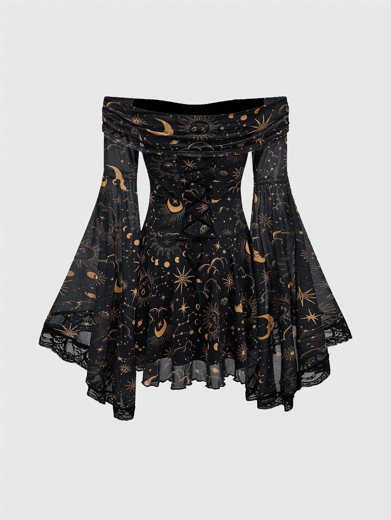 ROMWE Gothic Retro Mysterious Star & Moon Allover Print Off Shoulder Bell Sleeve Mesh A-Line Dress