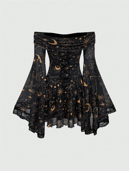 ROMWE Gothic Retro Mysterious Star & Moon Allover Print Off Shoulder Bell Sleeve Mesh A-Line Dress