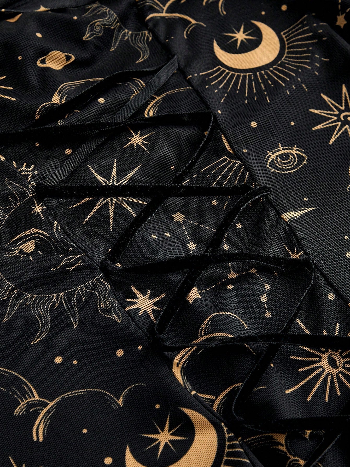 ROMWE Gothic Retro Mysterious Star & Moon Allover Print Off Shoulder Bell Sleeve Mesh A-Line Dress
