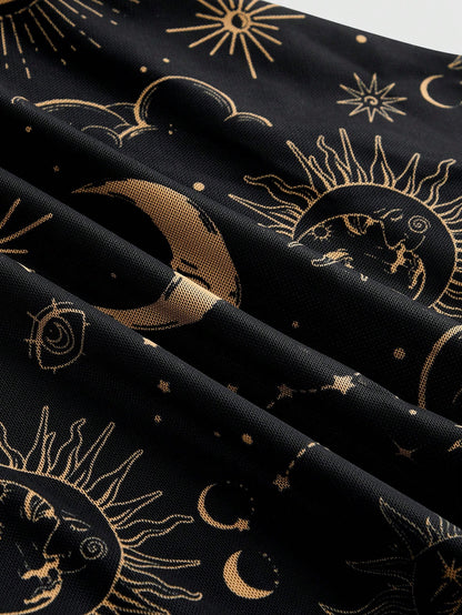 ROMWE Gothic Retro Mysterious Star & Moon Allover Print Off Shoulder Bell Sleeve Mesh A-Line Dress