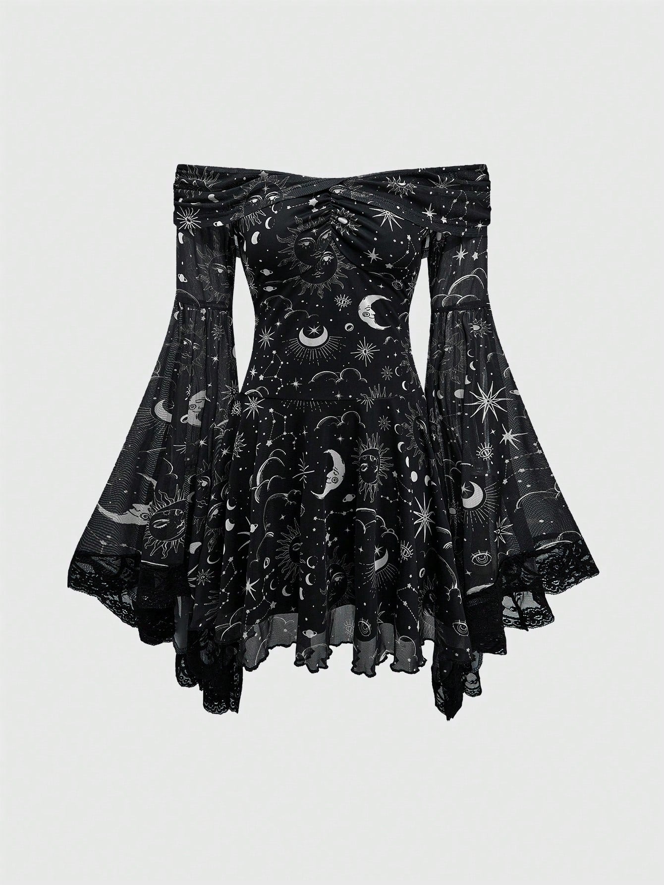 ROMWE Gothic Retro Mysterious Star & Moon Allover Print Off Shoulder Bell Sleeve Mesh A-Line Dress
