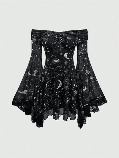 ROMWE Gothic Retro Mysterious Star & Moon Allover Print Off Shoulder Bell Sleeve Mesh A-Line Dress