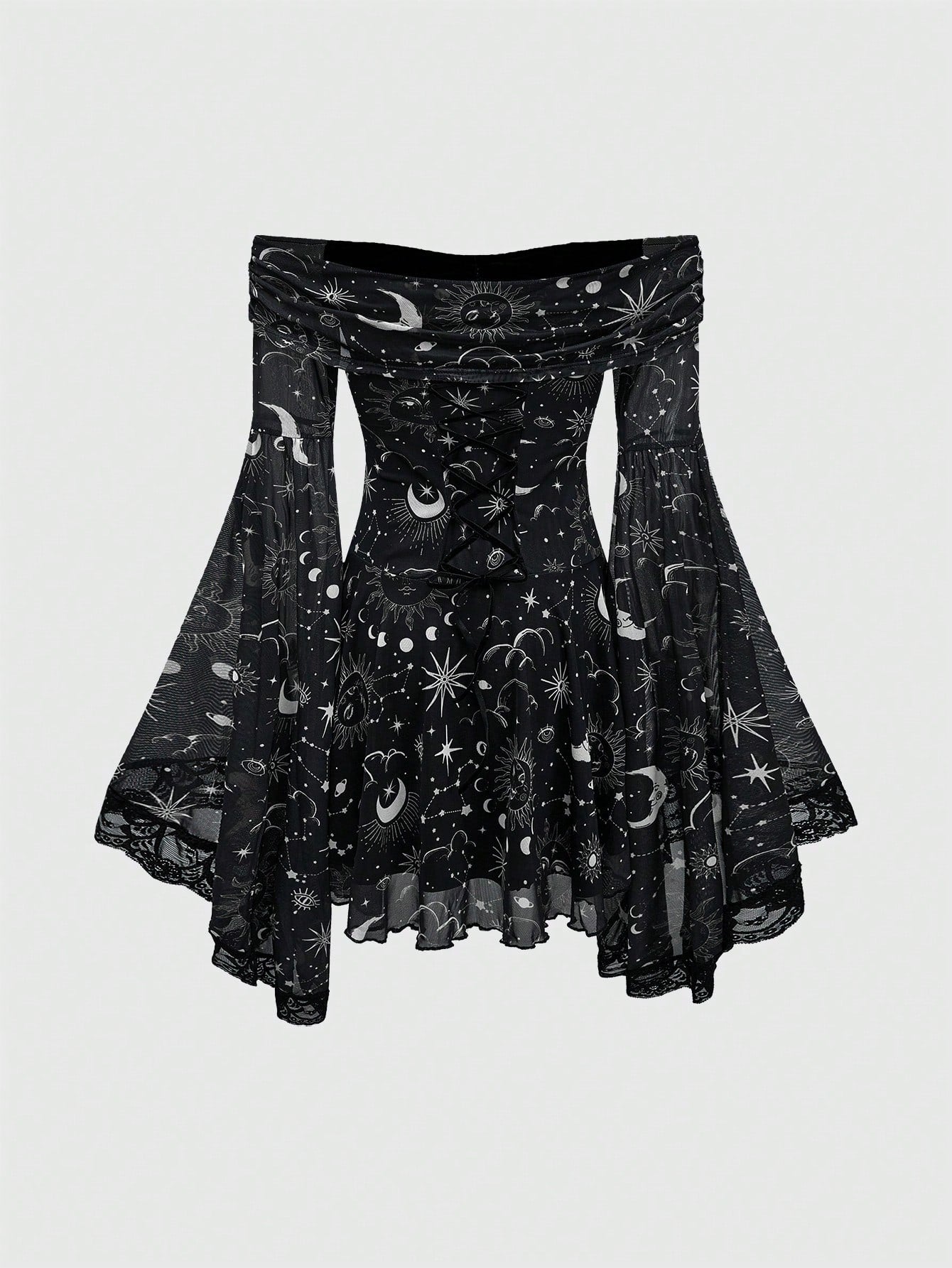 ROMWE Gothic Retro Mysterious Star & Moon Allover Print Off Shoulder Bell Sleeve Mesh A-Line Dress
