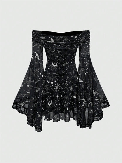 ROMWE Gothic Retro Mysterious Star & Moon Allover Print Off Shoulder Bell Sleeve Mesh A-Line Dress