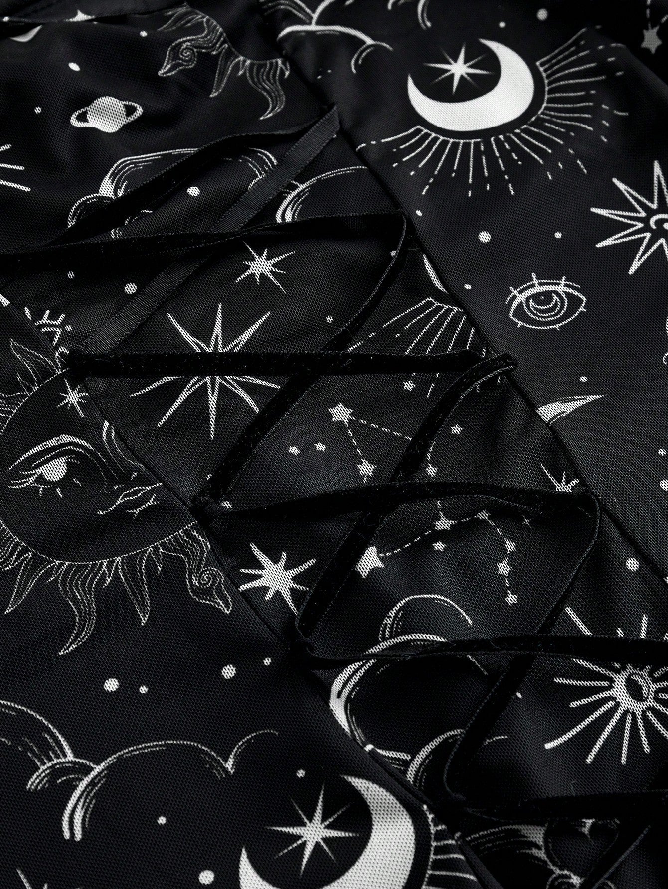 ROMWE Gothic Retro Mysterious Star & Moon Allover Print Off Shoulder Bell Sleeve Mesh A-Line Dress