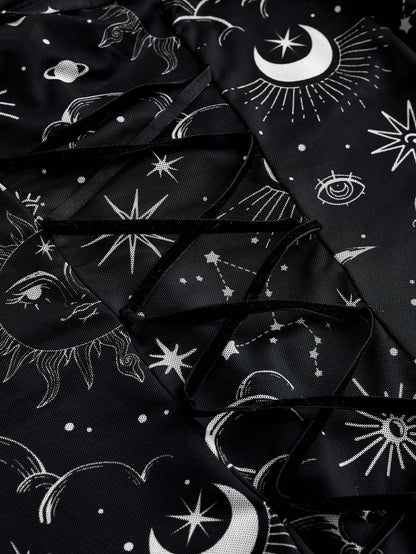 ROMWE Gothic Retro Mysterious Star & Moon Allover Print Off Shoulder Bell Sleeve Mesh A-Line Dress