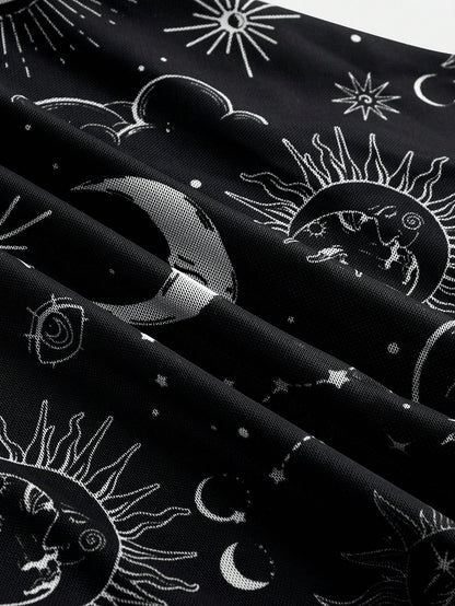 ROMWE Gothic Retro Mysterious Star & Moon Allover Print Off Shoulder Bell Sleeve Mesh A-Line Dress