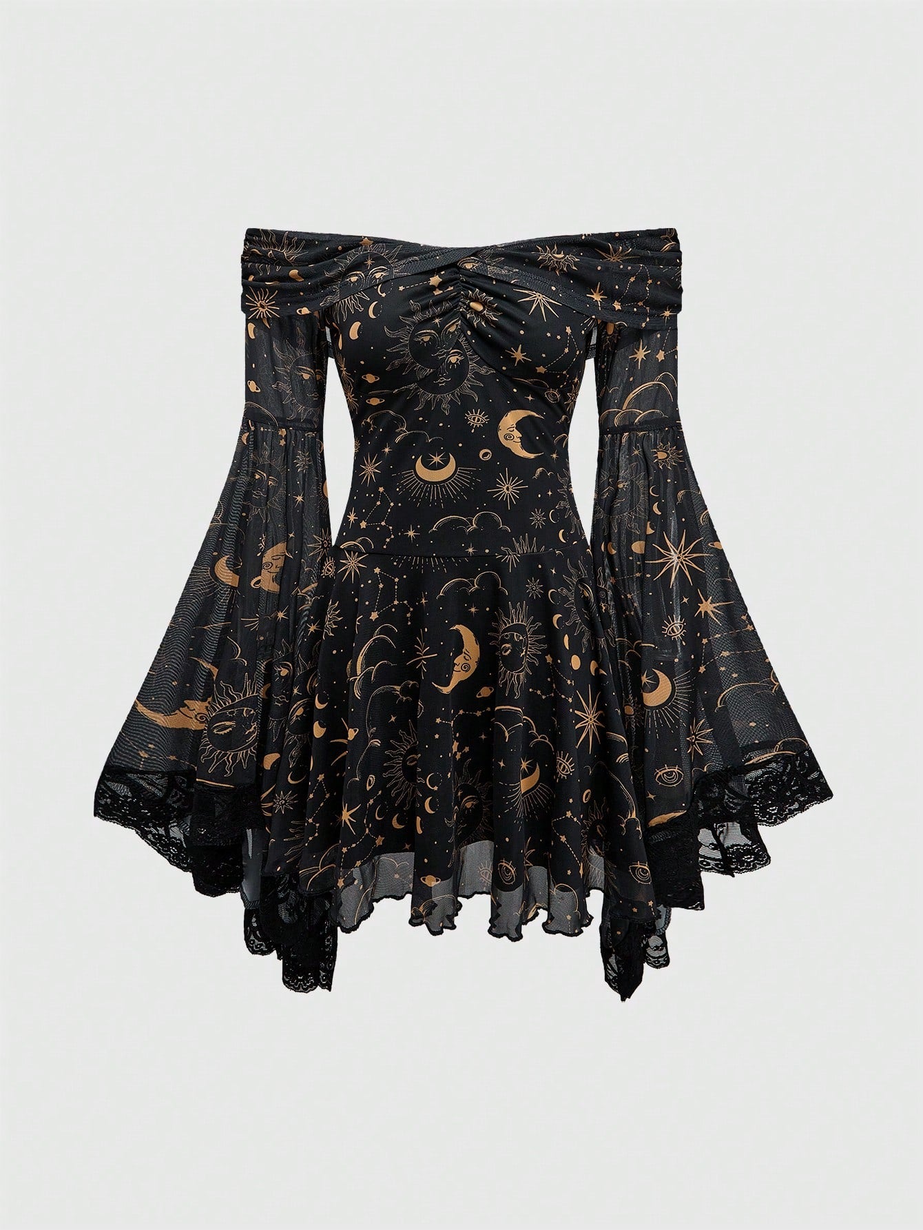 ROMWE Gothic Retro Mysterious Star & Moon Allover Print Off Shoulder Bell Sleeve Mesh A-Line Dress