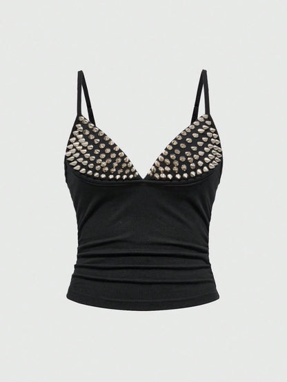 ROMWE Grunge Punk Spring/Summer Plus Size Women Sexy Dark PUNK Rivet Patchwork Camisole Valentine's Day