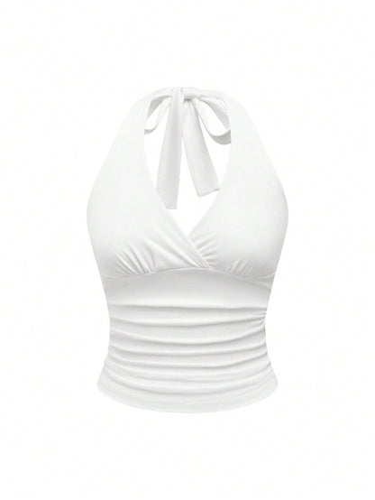 ROMWE Grunge Punk Women Solid Color Halter Neck Tie Back Casual Top, Everyday Wear