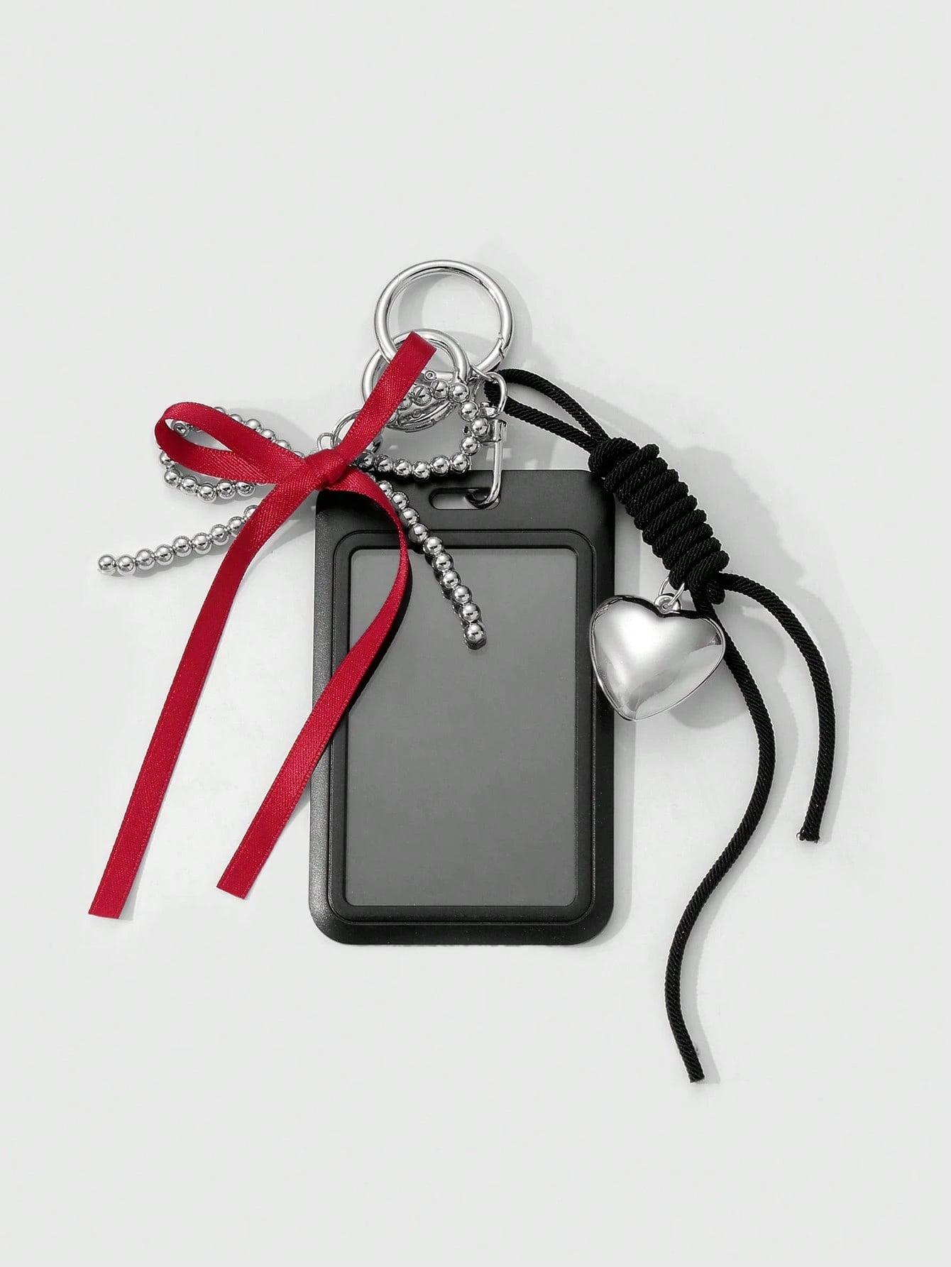 ROMWE Kawaii 1 Black Campus Card Cover, Gothic Silver Beaded Red Streamer Bow, Love Adjustable Hanging Rope, Work Card Cover, Keychain, Bag Pendant, Holiday Gifts For Office Workers And Students